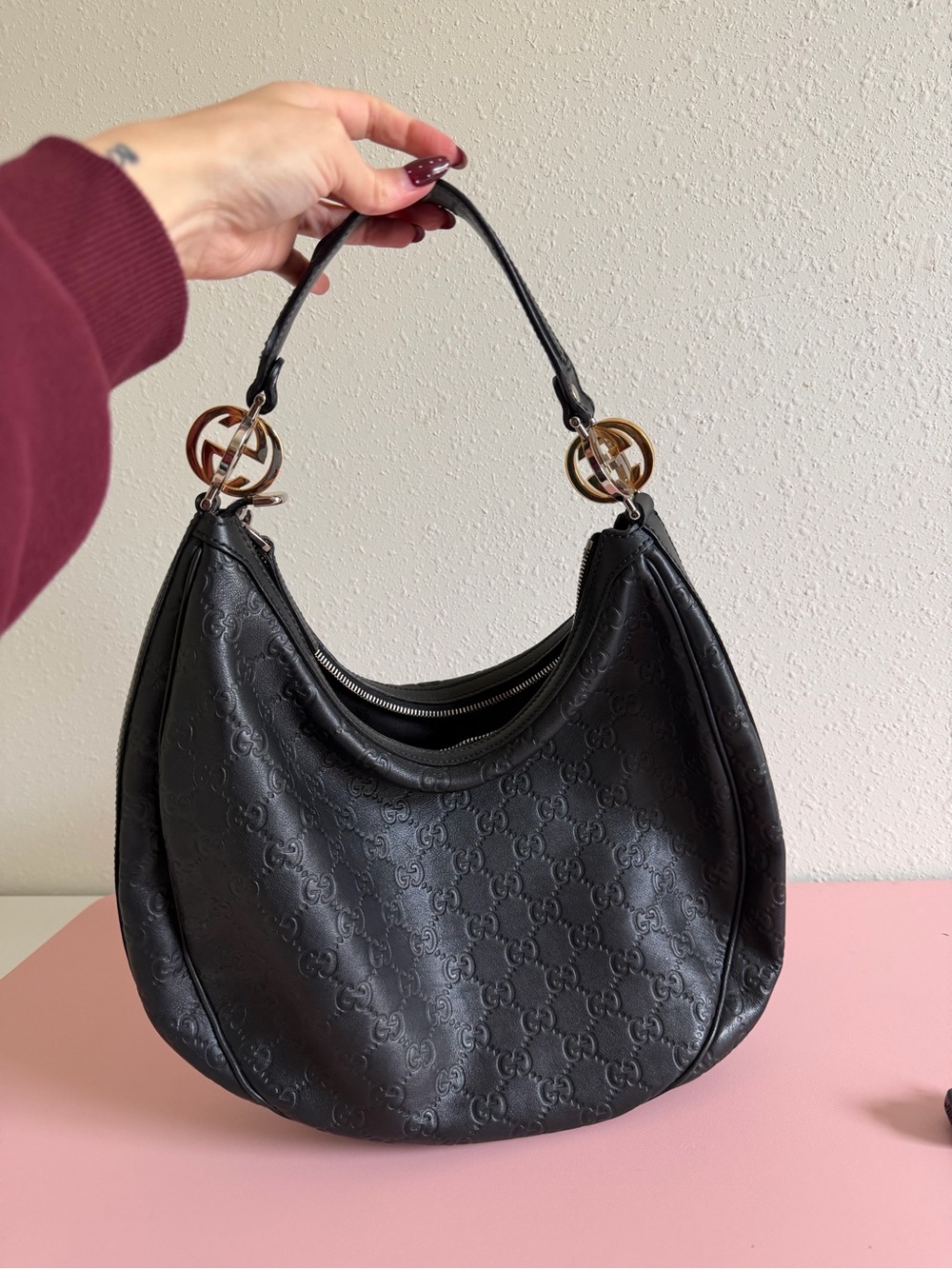 Authentic Gucci Black Leather Embossed Hobo Bag
